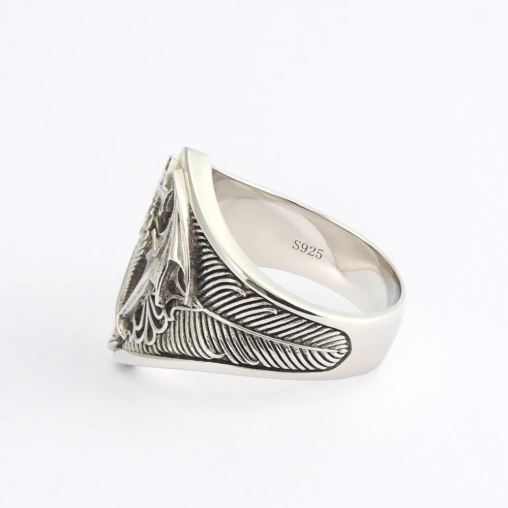 Flying Dragon Signet Vinking Drachen Signet  Unique Biker Gothic Signet Mens 925k Sterling Silver Ring