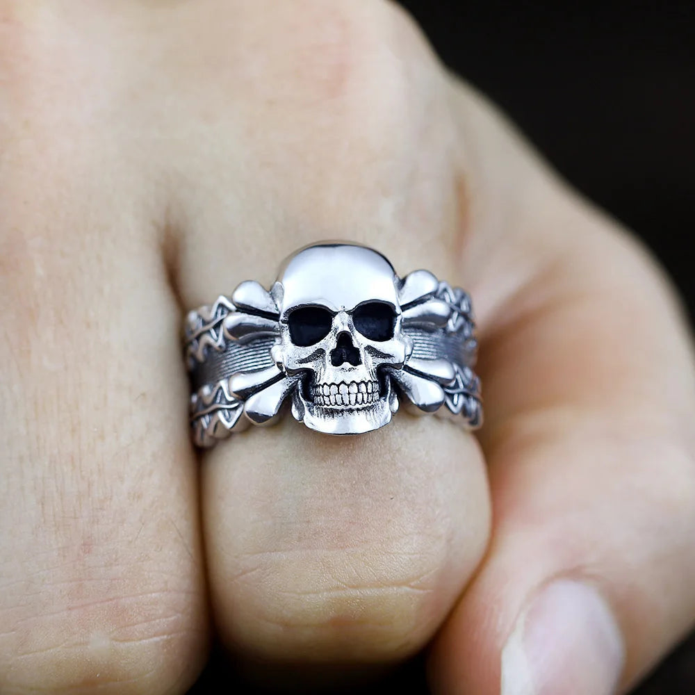 Vintage Retro Death Skull Head Bones Leaf Germany Memorial Silver Ring
