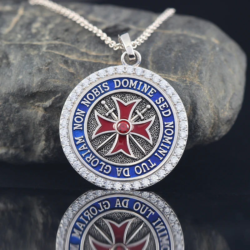 Knights Templar Spirit Convexity Round Red Cross Frame Sword Sterling Silver Pendant Necklace