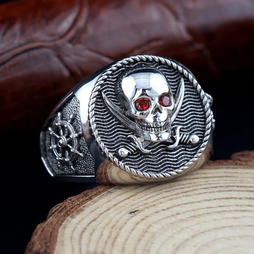 Skull Death Memento Mori Pirate Sailing Ship Anchor Rudder Sterling Silver Ring