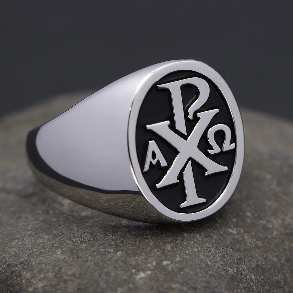 Christogram Jesus Sacred labarum Chi Rho ΧΡ Alpha Omg Cross Sterling Silverer Ring
