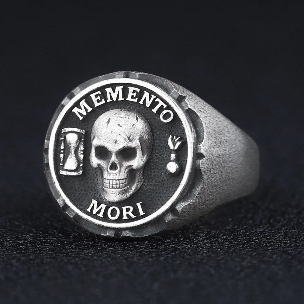Antique Skull Memento Mori Dead Head Sand Glass Rose Love Endures Forever Silver Ring