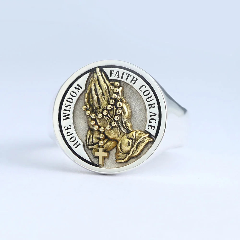 Praying Hands Jesus Christ Cross Hope Wisdom Faith Courage Pray For Us Silver Ring