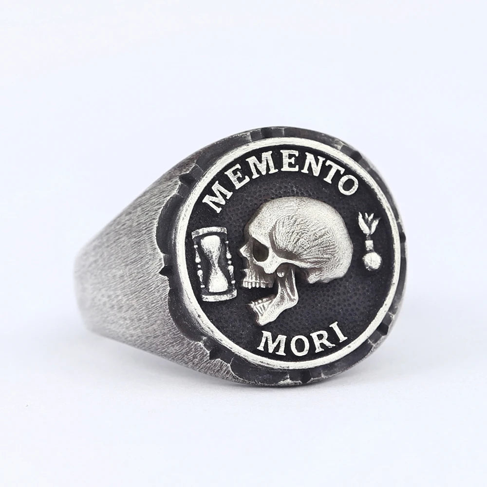 Antique Skull Memento Mori Dead Head Sand Glass Rose Love Endures Forever Silver Ring