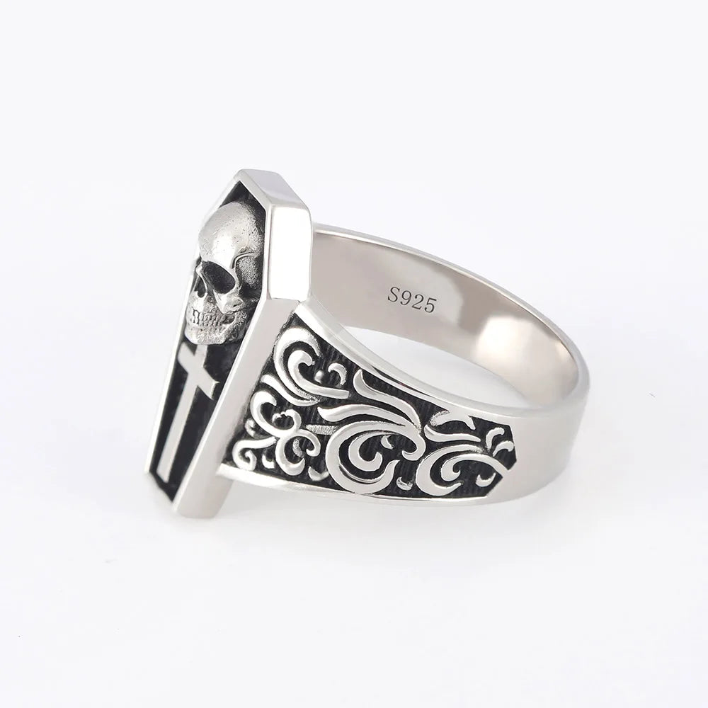 Memorial Of Die Cross Death Skull Gravestone Souvenir Silver Ring