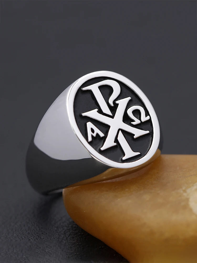 Christogram Jesus Sacred labarum Chi Rho ΧΡ Alpha Omg Cross Sterling Silverer Ring