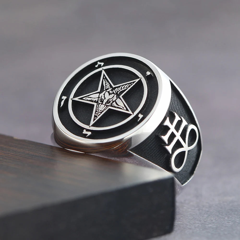 Five-pointed Star-shaped Sheep Head Church Sigil Baphomet Seal Signet Sterling Silver Ring