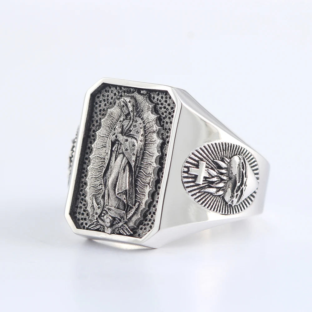 The Heart of Our Lady Virgin Mary Sacred Heart Of Jesus Pray And Faith Sterling Silver Ring