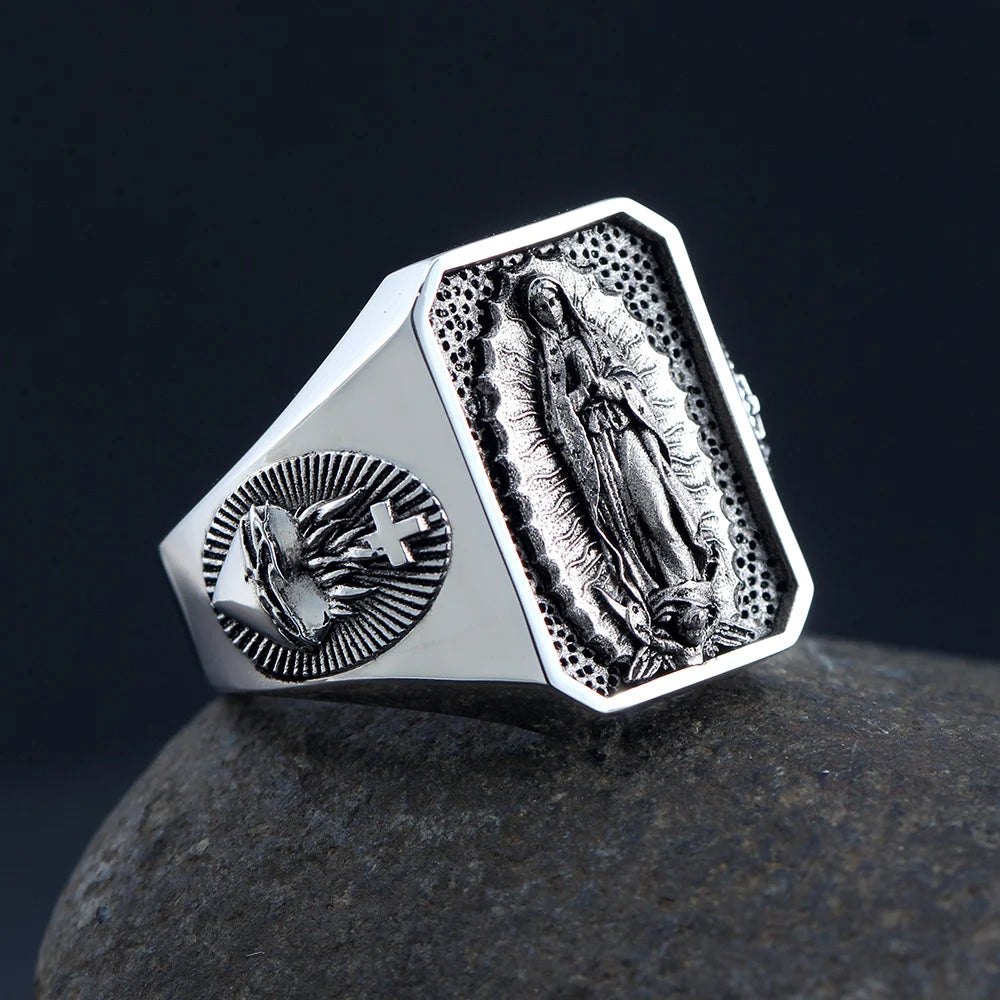 The Heart of Our Lady Virgin Mary Sacred Heart Of Jesus Pray And Faith Sterling Silver Ring