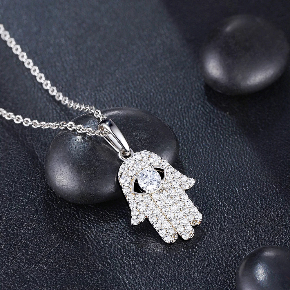 Lucky Hand Bohemian Folk Style Fatima Hand  Eyes Palm Diamond Necklace Pendant