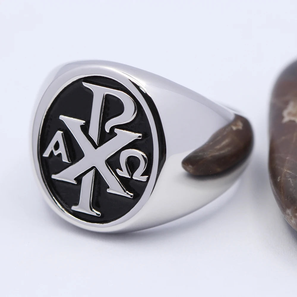 Christogram Jesus Sacred labarum Chi Rho ΧΡ Alpha Omg Cross Sterling Silverer Ring