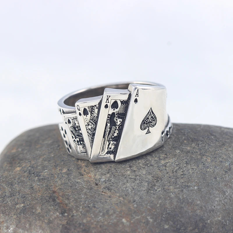 Lucky Flush Sterling Silver Men's Playing Card Ring Can Support Customization