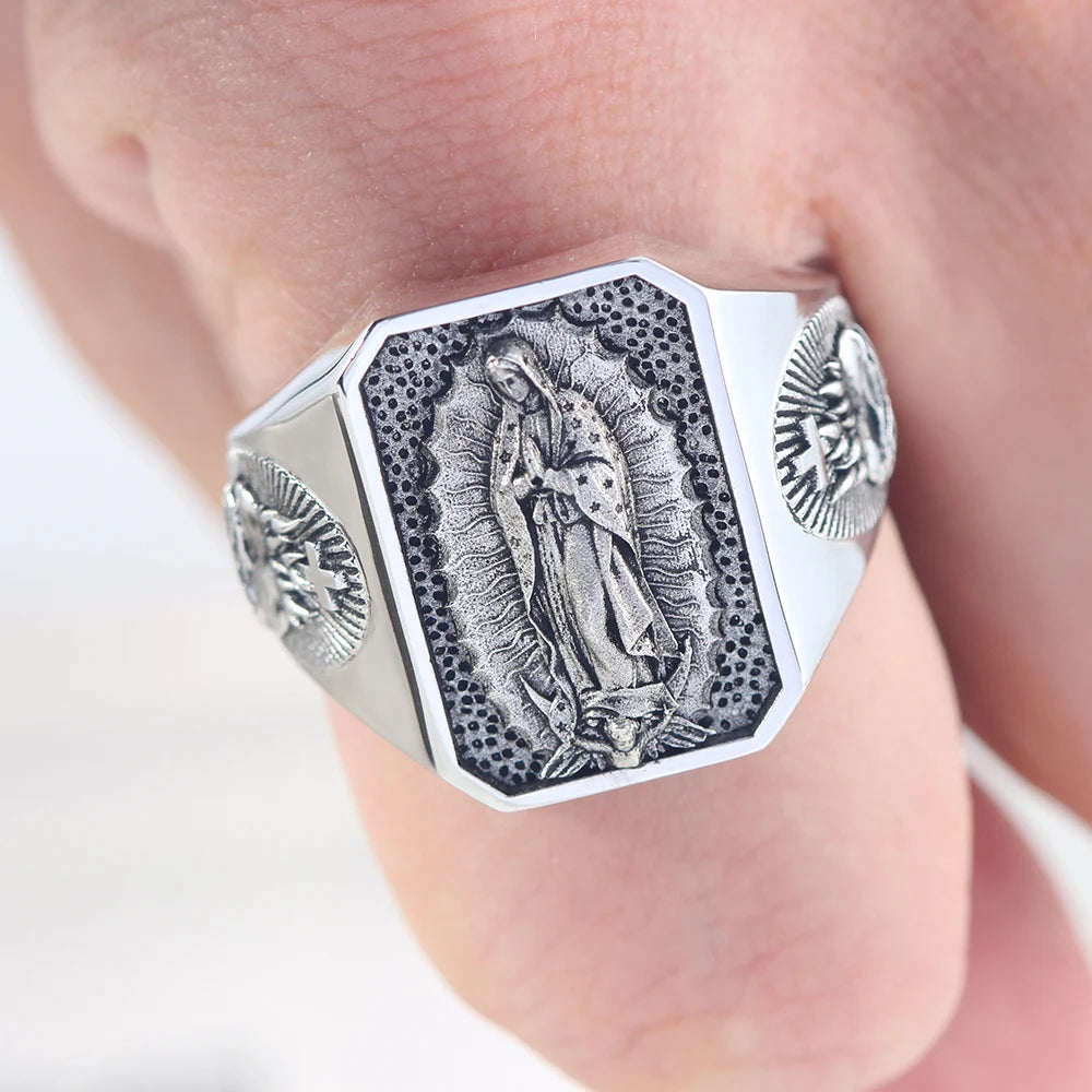 The Heart of Our Lady Virgin Mary Sacred Heart Of Jesus Pray And Faith Sterling Silver Ring