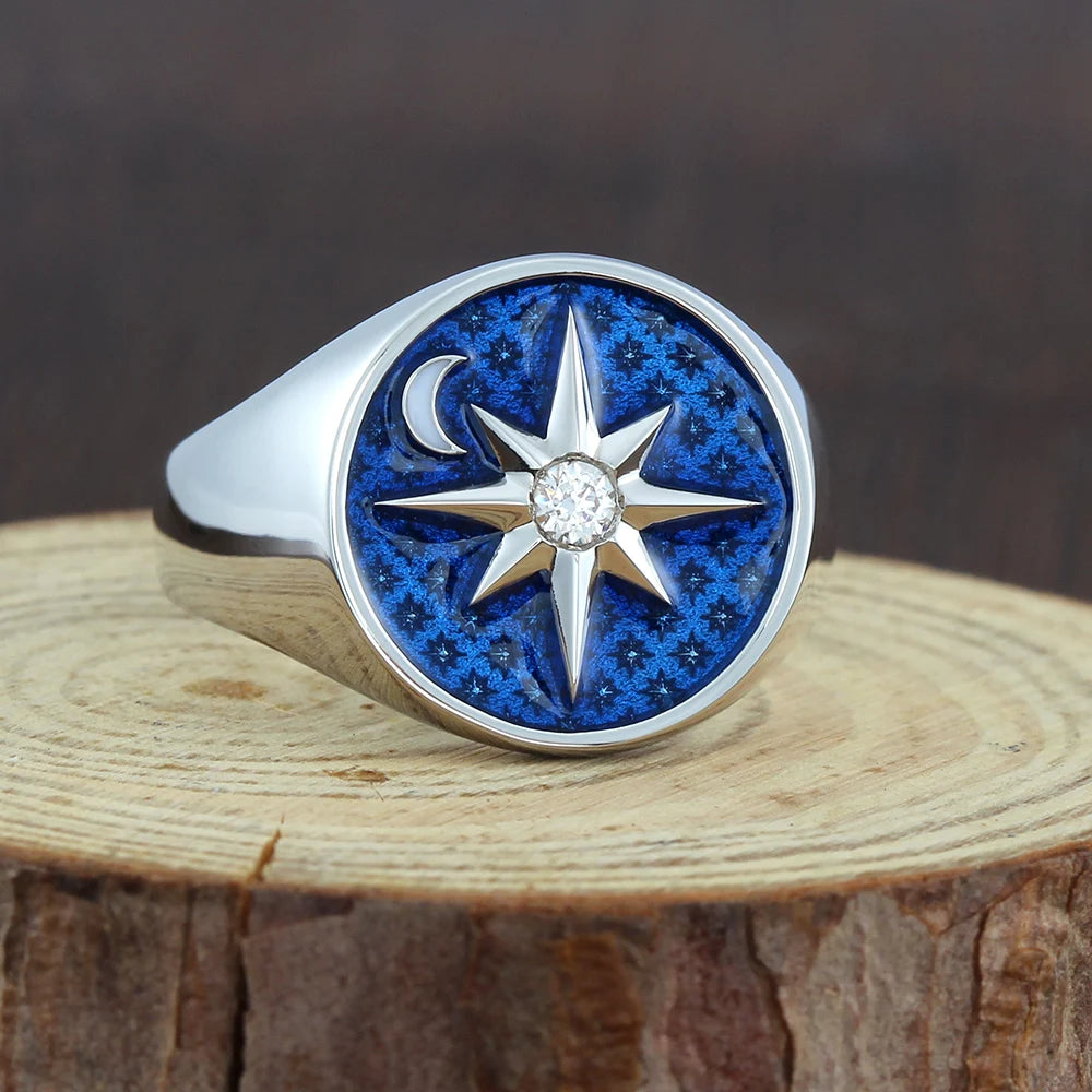 North Star Sky Moon Polaris Blue Sterling Silver Ring