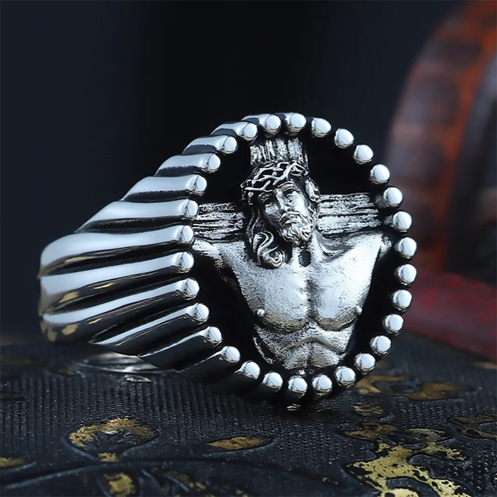 Cross Jesus Catholic Religious Christian Amulet Memorial Silver Ring