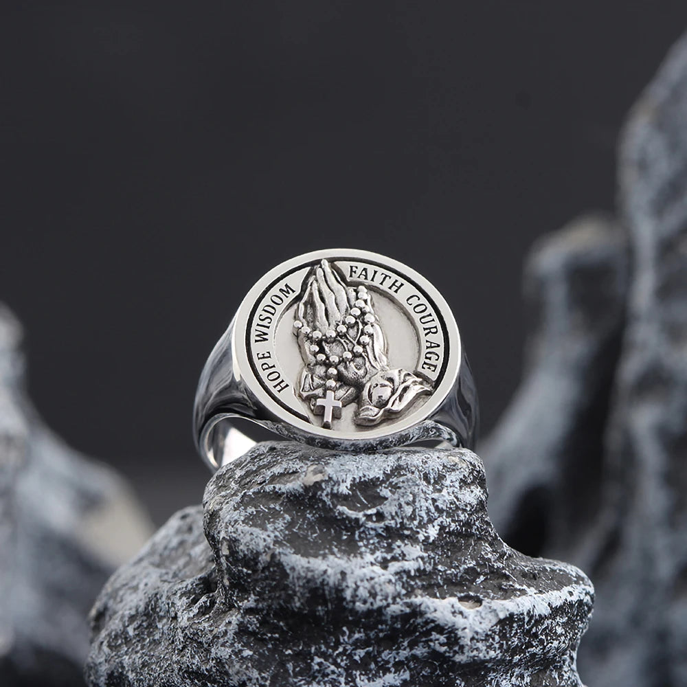 Praying Hands Jesus Christ Cross Hope Wisdom Faith Courage Pray For Us Silver Ring