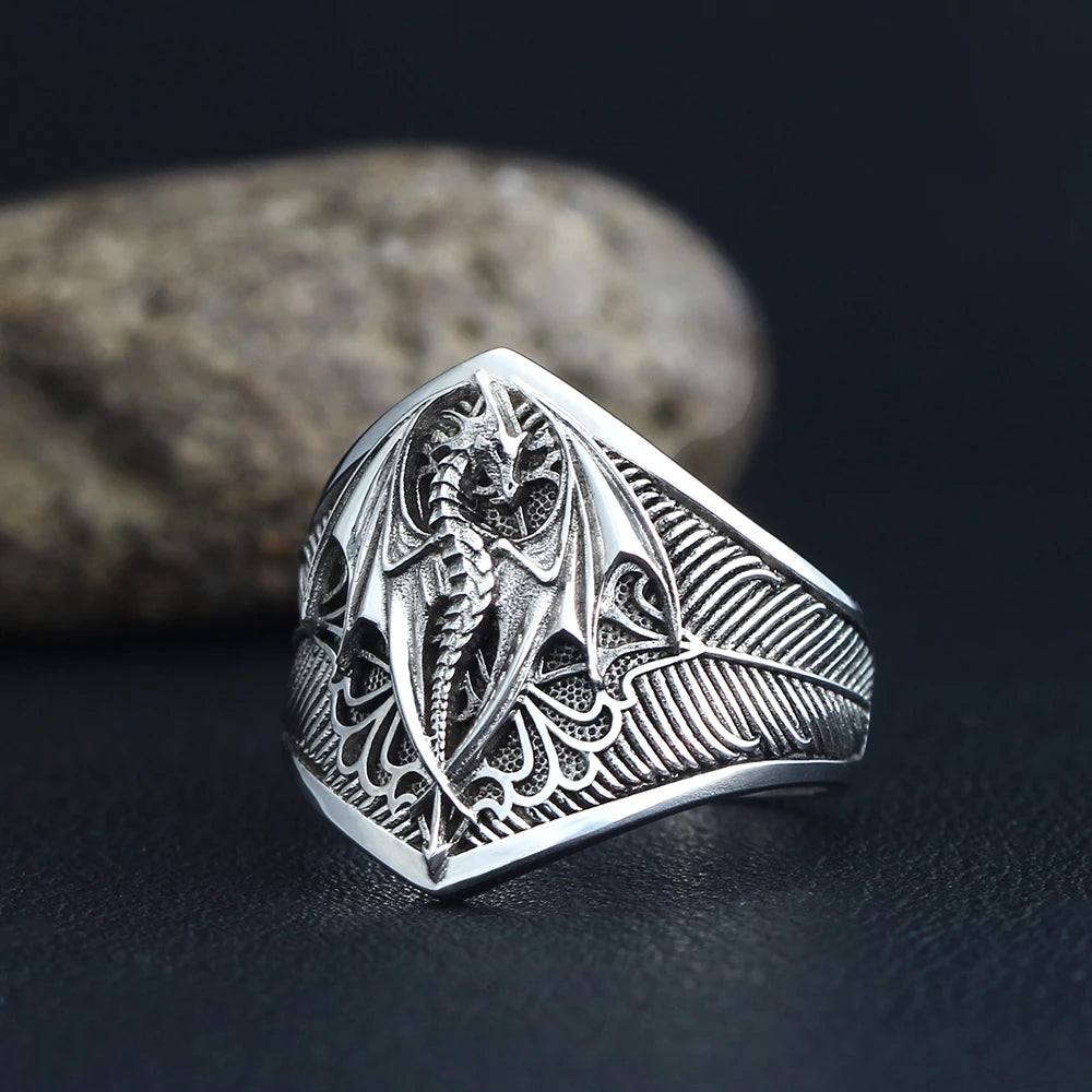 Flying Dragon Signet Vinking Drachen Signet  Unique Biker Gothic Signet Mens 925k Sterling Silver Ring
