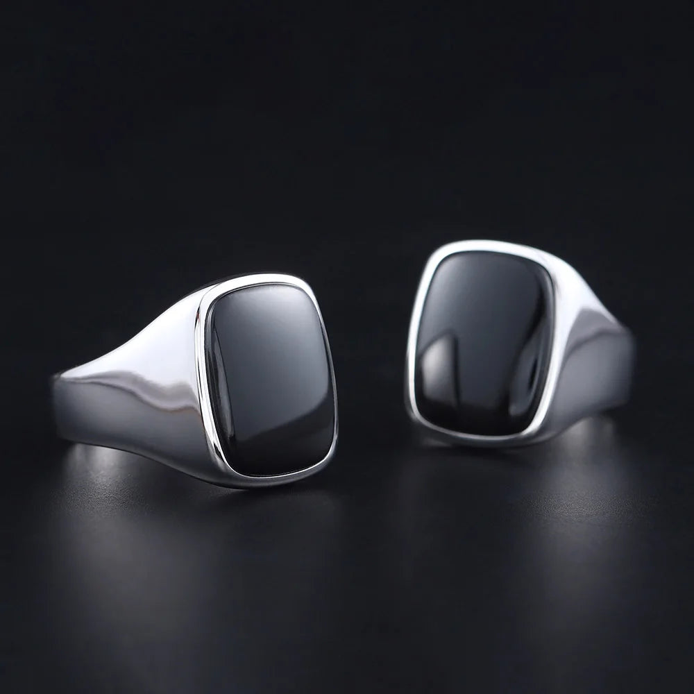 Fashion Black Agate Solid Back Relucent Sterling Silver Ring