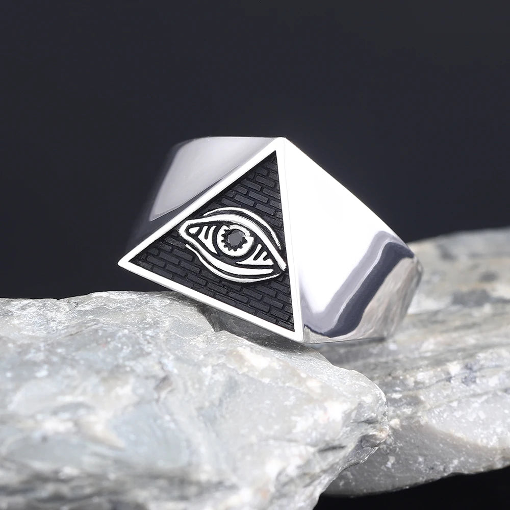 All-Seeing Eyes God Horus Triangular Sterling Silver Ring