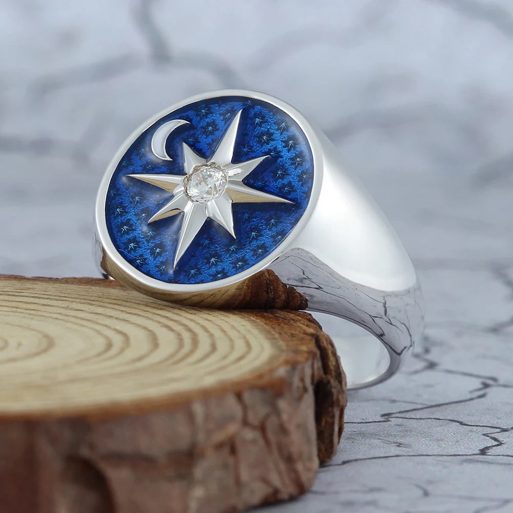 North Star Sky Moon Polaris Blue Sterling Silver Ring