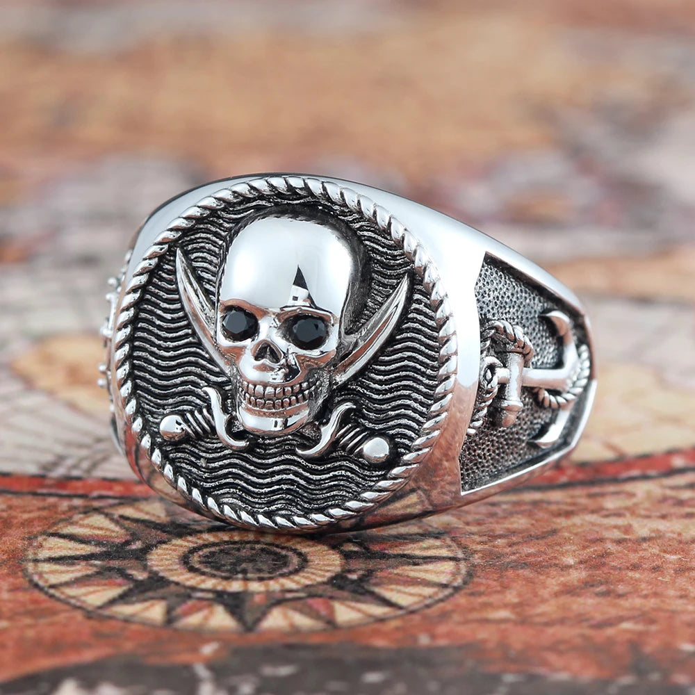 Skull Death Memento Mori Pirate Sailing Ship Anchor Rudder Sterling Silver Ring