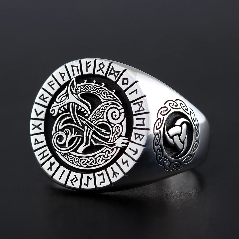 Ancient Viking Rune Dragon Totem Sterling Silver Ring