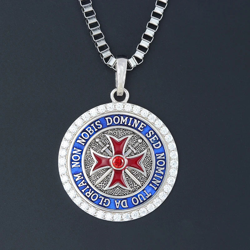 Knights Templar Spirit Convexity Round Red Cross Frame Sword Sterling Silver Pendant Necklace
