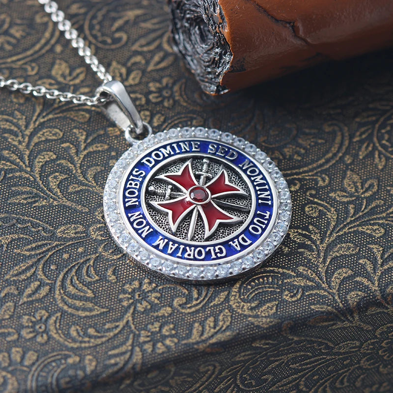 Knights Templar Spirit Convexity Round Red Cross Frame Sword Sterling Silver Pendant Necklace