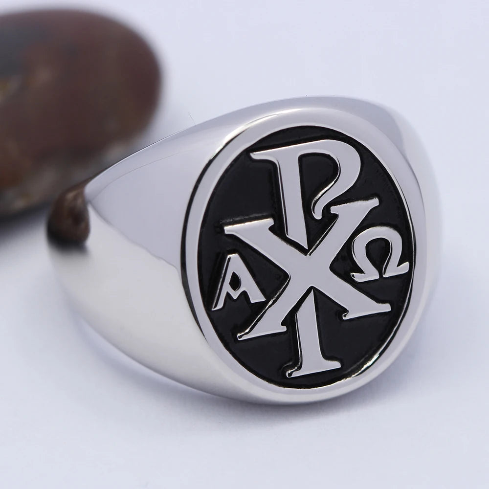 Christogram Jesus Sacred labarum Chi Rho ΧΡ Alpha Omg Cross Sterling Silverer Ring