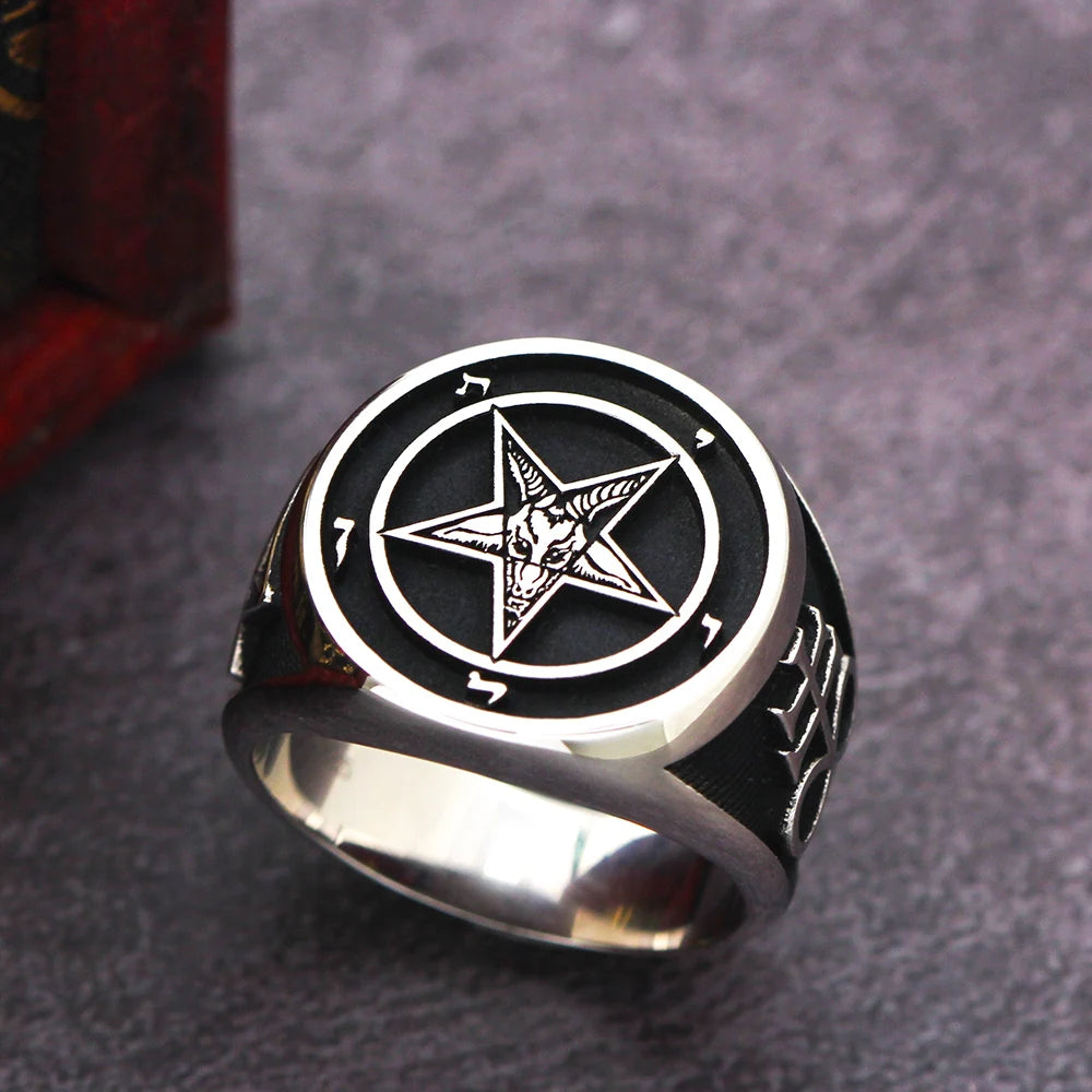 Five-pointed Star-shaped Sheep Head Church Sigil Baphomet Seal Signet Sterling Silver Ring