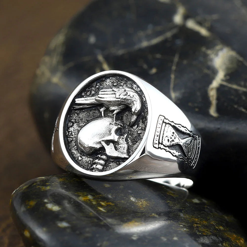 Skull Forever Memento Mori eagle Sand Glass Memory of Death Flower Sterling Silver Ring