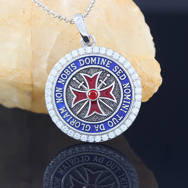 Knights Templar Spirit Convexity Round Red Cross Frame Sword Sterling Silver Pendant Necklace