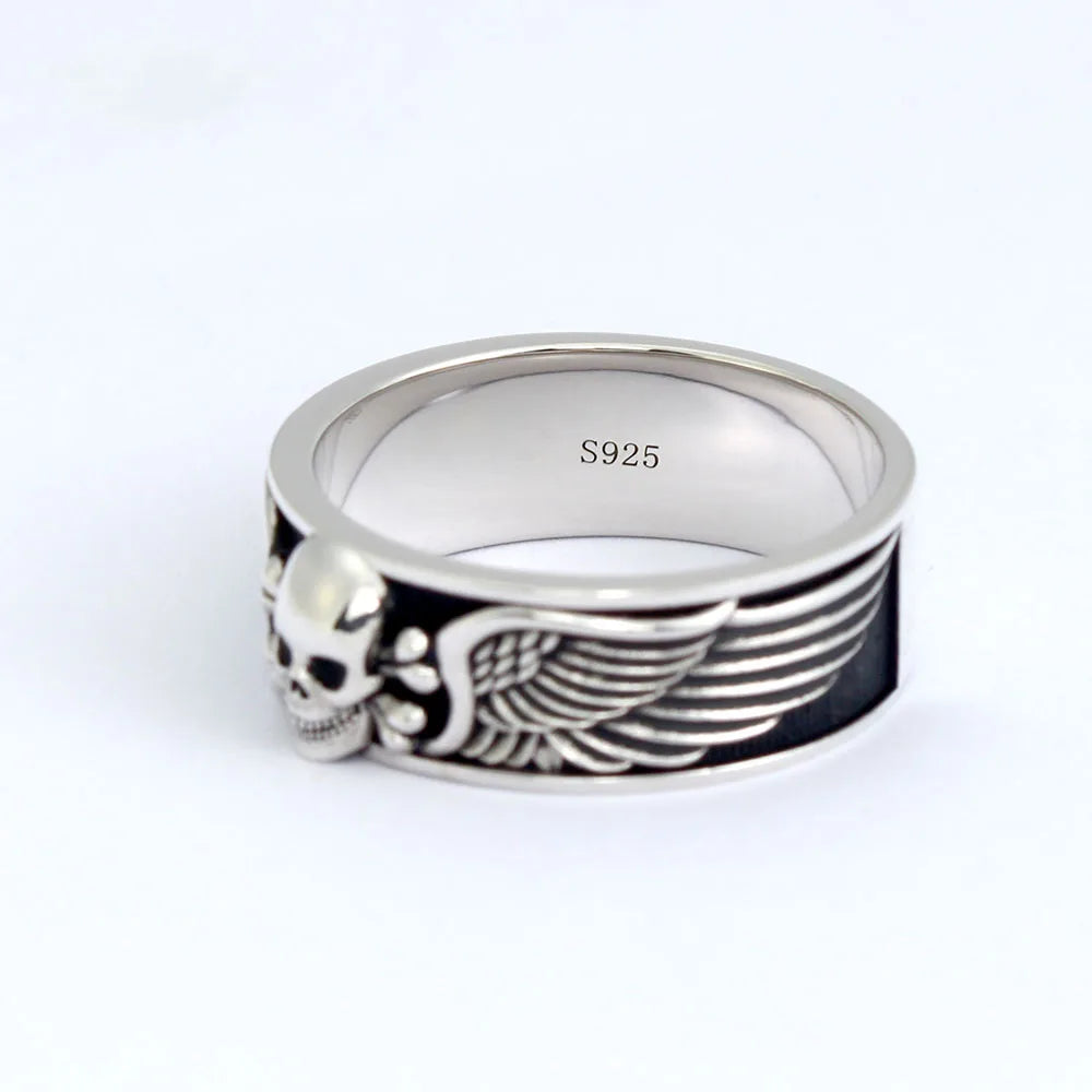 Death Sskeleton Motorbike Gothic Design Skull  Wing Punk Silver Ring