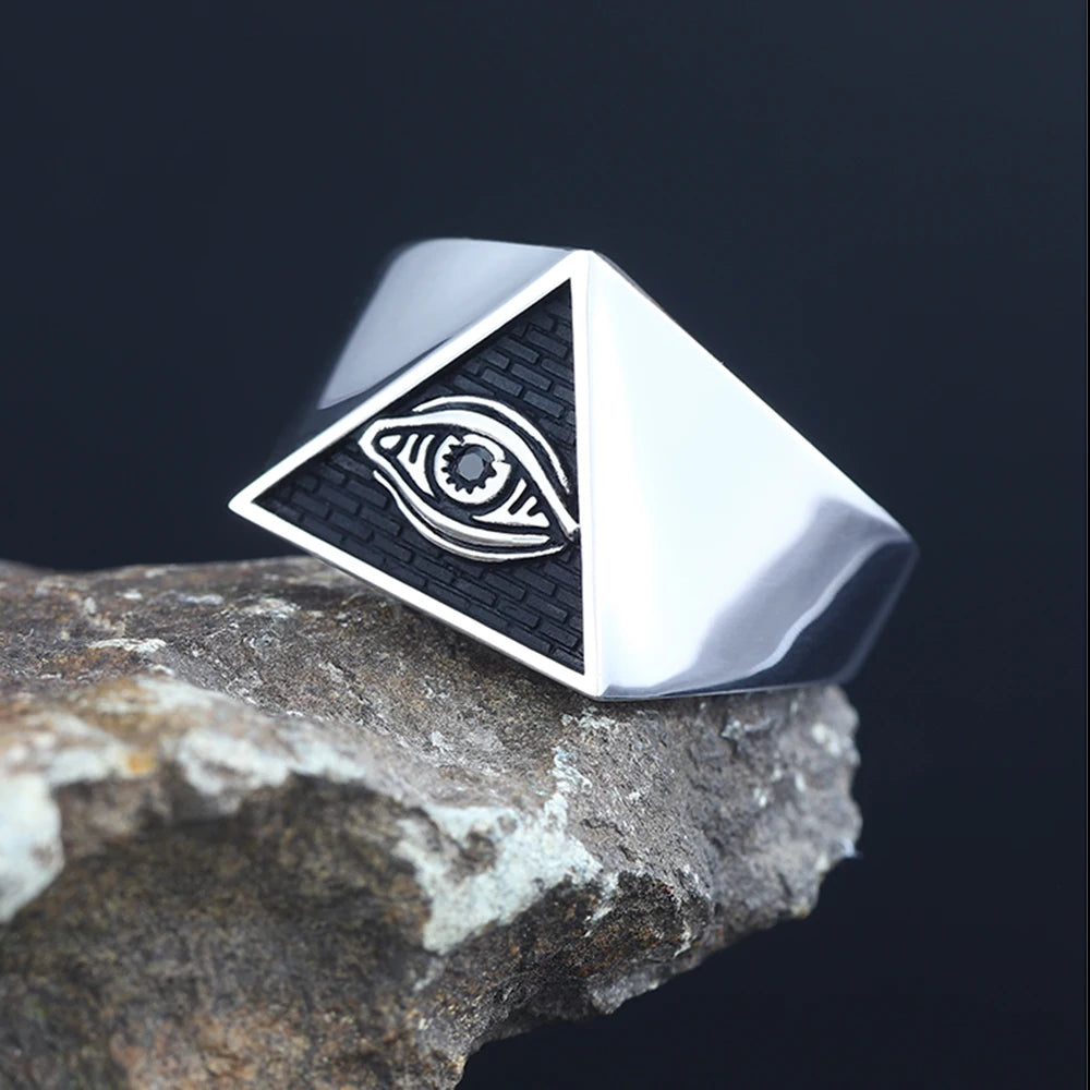 All-Seeing Eyes God Horus Triangular Sterling Silver Ring