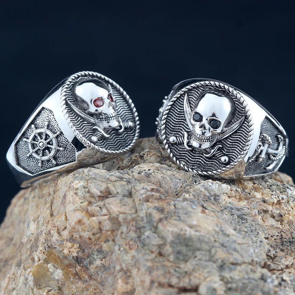 Skull Death Memento Mori Pirate Sailing Ship Anchor Rudder Sterling Silver Ring