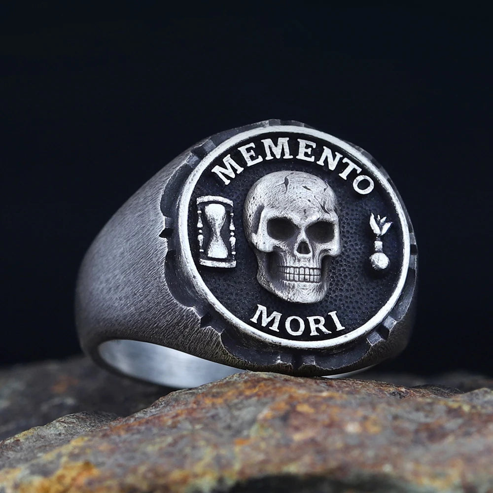 Antique Skull Memento Mori Dead Head Sand Glass Rose Love Endures Forever Silver Ring