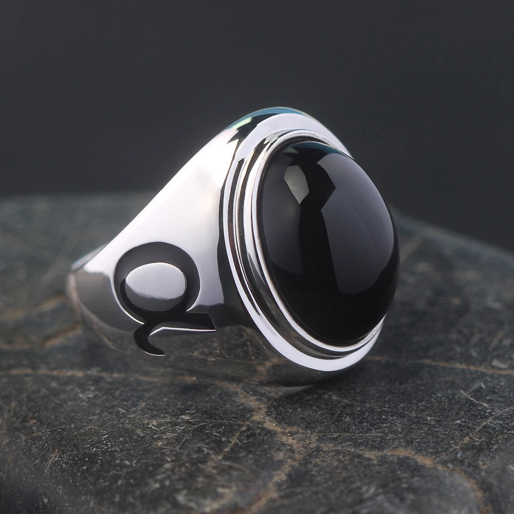 Black Agate Men's Alpha Beta Gamma Capital Letter 925 Sterling Silver Ring