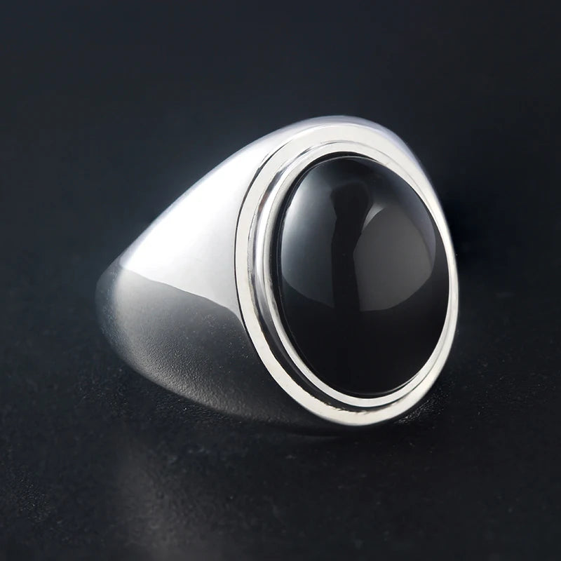 Black Agate Men's Alpha Beta Gamma Capital Letter 925 Sterling Silver Ring