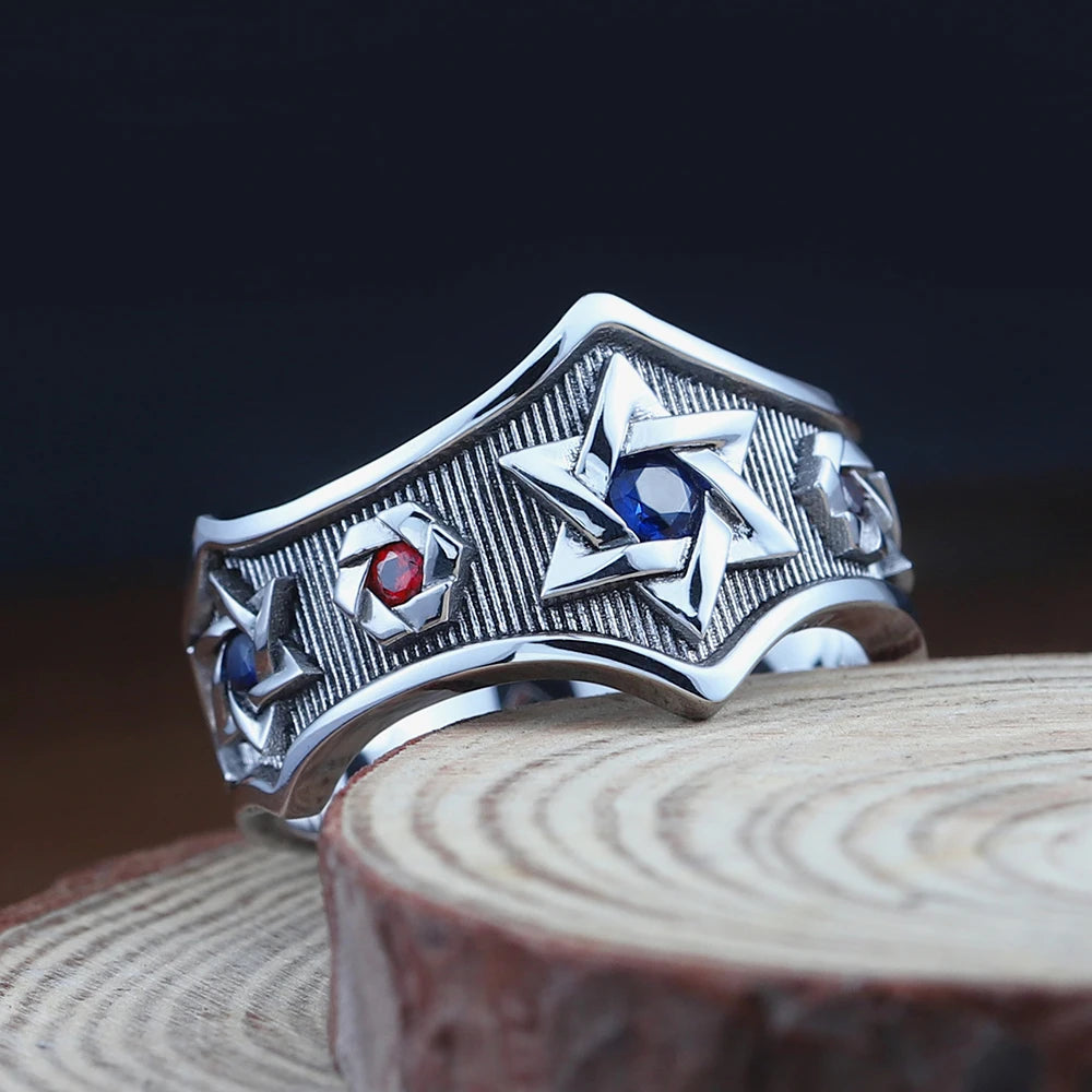 Star of David Sexangular Seal of Solomon Hebrew Symbol Inlaid stones Sterling Silver Ring