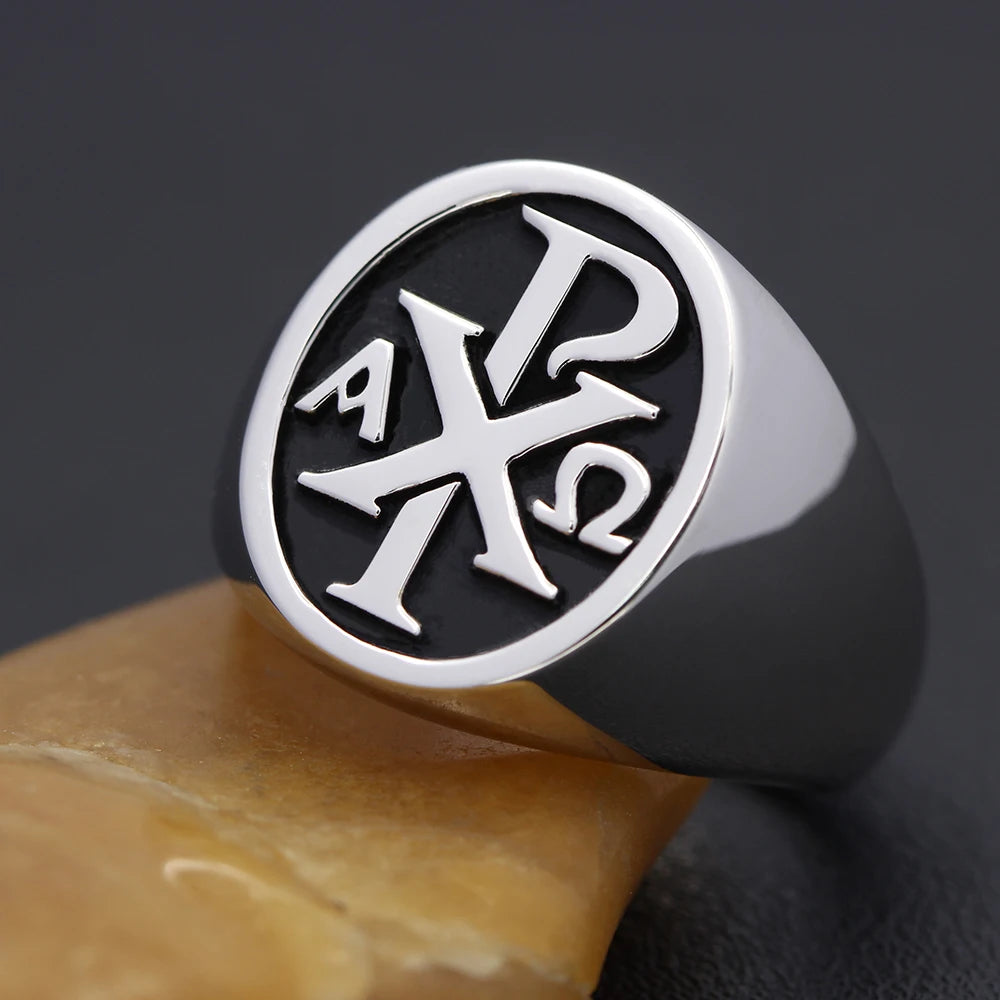 Christogram Jesus Sacred labarum Chi Rho ΧΡ Alpha Omg Cross Sterling Silverer Ring