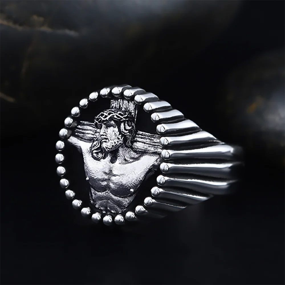 Cross Jesus Catholic Religious Christian Amulet Memorial Silver Ring