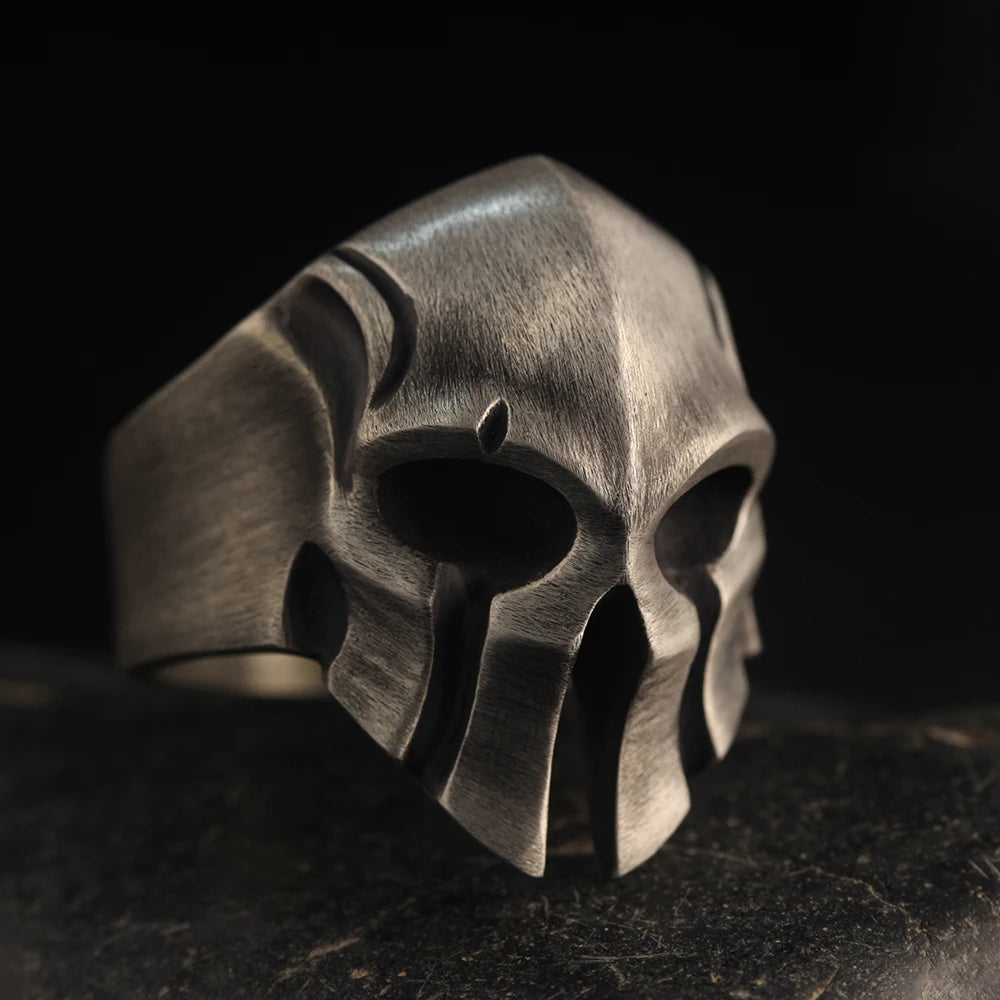 Men`s Spartan Warrior Skull Knight Helmet Mask Biker Sterling Silver Ring