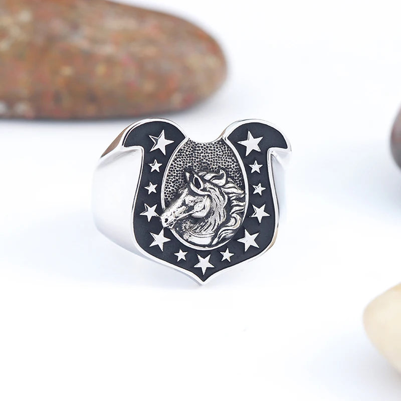Lucky Horseshoe U-shaped Horse Head 925 Sterling Silver Amulet Good Luck Ring