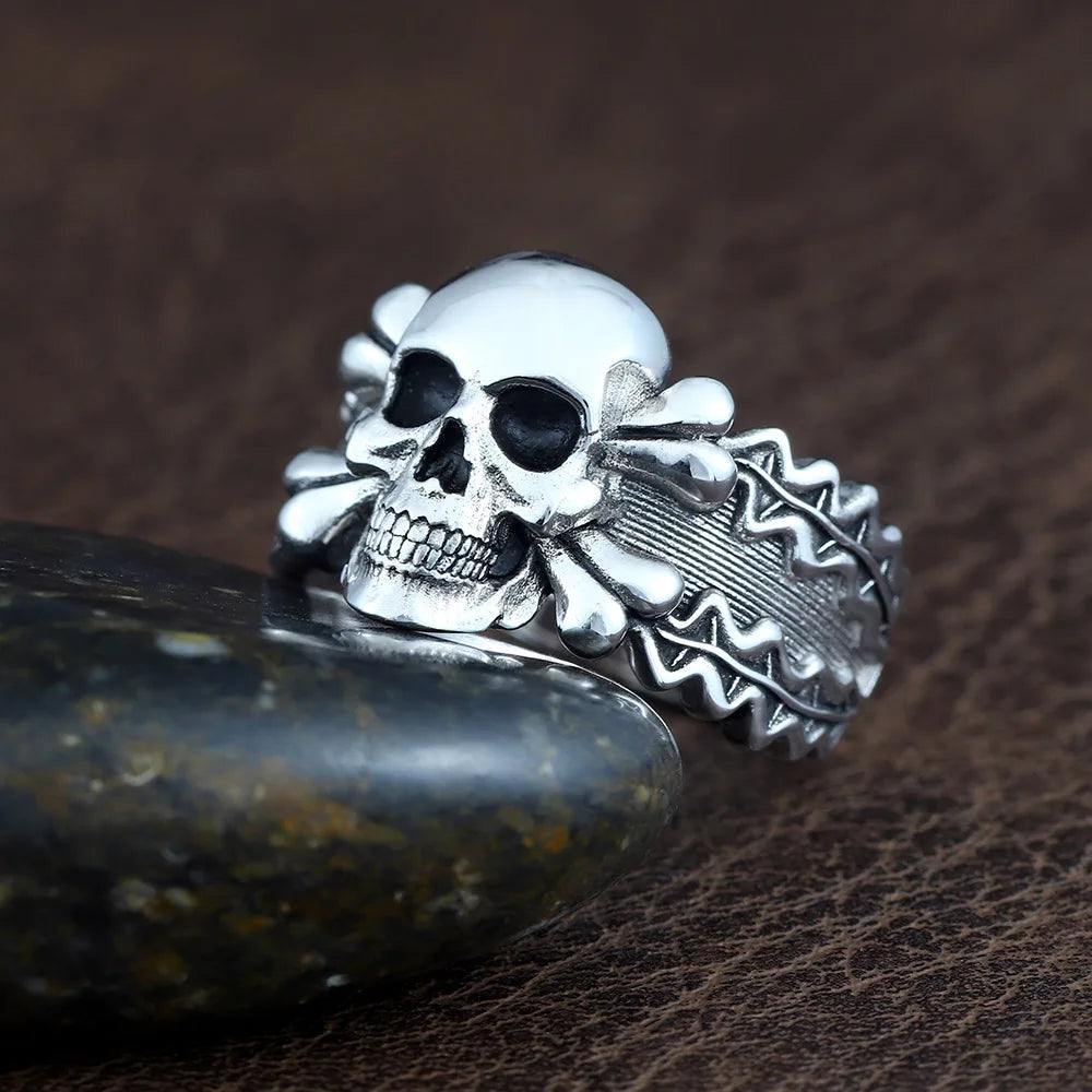 Vintage Retro Death Skull Head Bones Leaf Germany Memorial Silver Ring