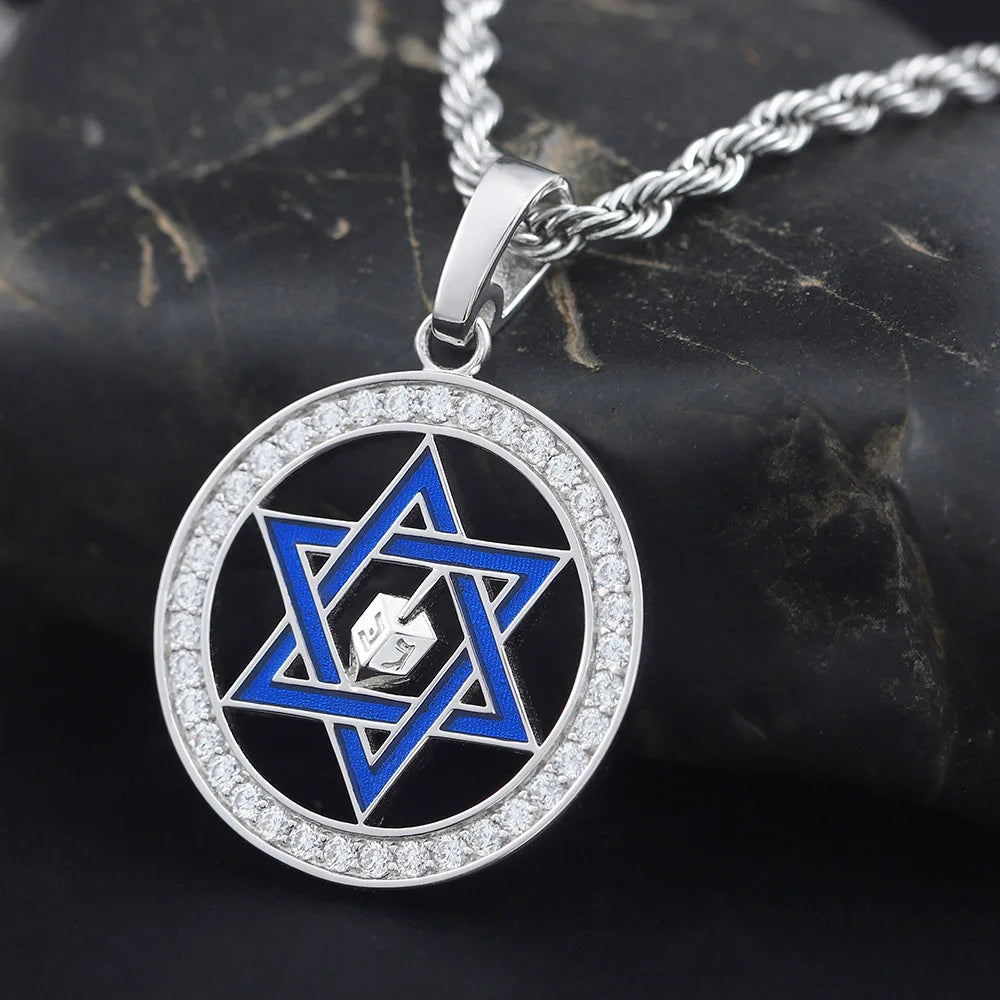 Blue Star Of David Hanukkah Dreidel Paved stones Punk 925 Sterling Silver Pendant