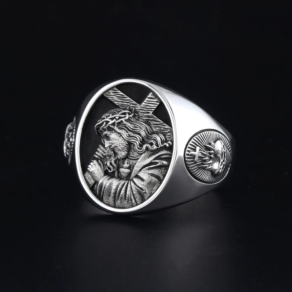 Jesus Catholic Christian Cross Religious Amulet Memorial to suffering Heart of the Virgin Silver Ring