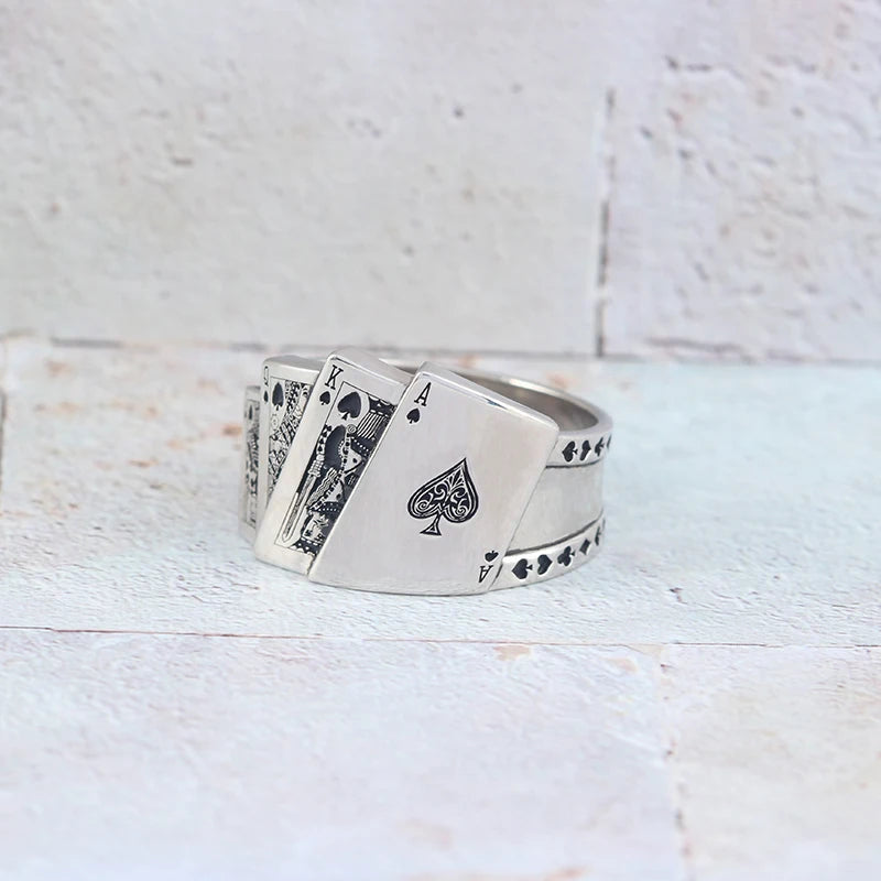 Lucky Flush Sterling Silver Men's Playing Card Ring Can Support Customization