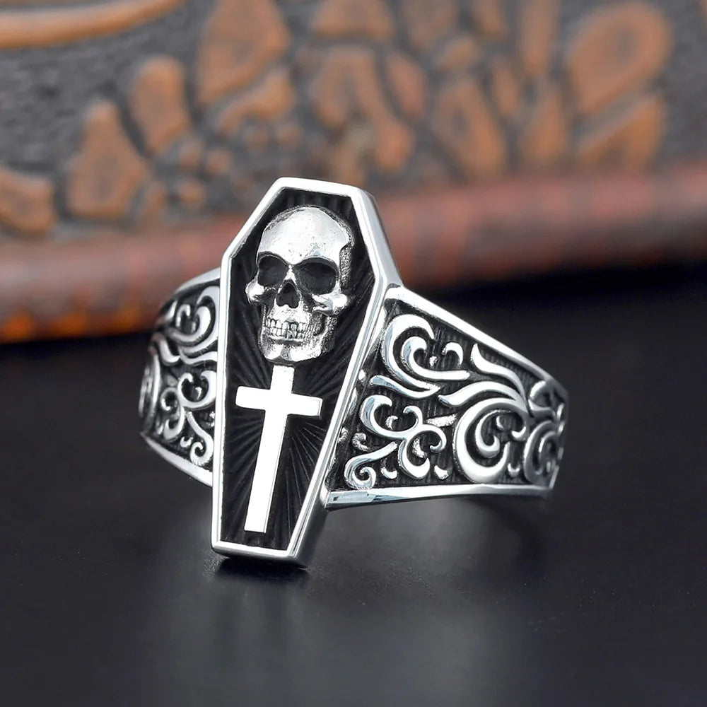Memorial Of Die Cross Death Skull Gravestone Souvenir Silver Ring